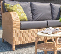 5 zits Bamboe kleur wicker Loungebank met Antraciet Grijze Allweather Kussens + stoel.